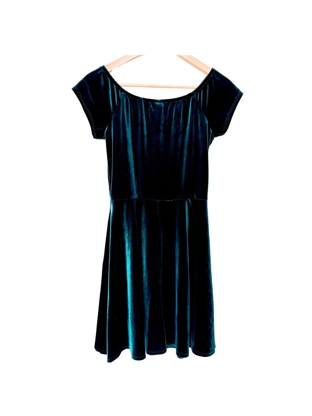 Jolie A-Line Mini Dress Cap Sleeve Fit & Flare Emerald Green Velour S 90s Y2K - Picture 5 of 8